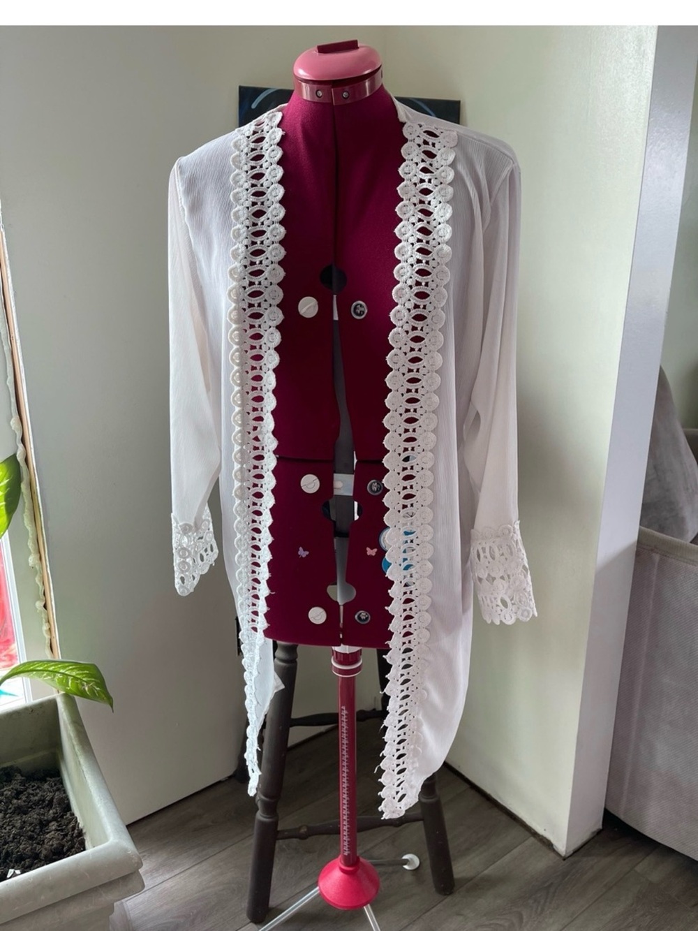 White Crochet Trim Sheer Kimono Robe - Women Intimates